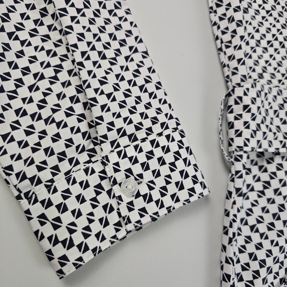 CHAPS Women's Geometric Shirt Dress Tie Waist Ruffle Hem Cotton Black White M - Picture 7 of 16